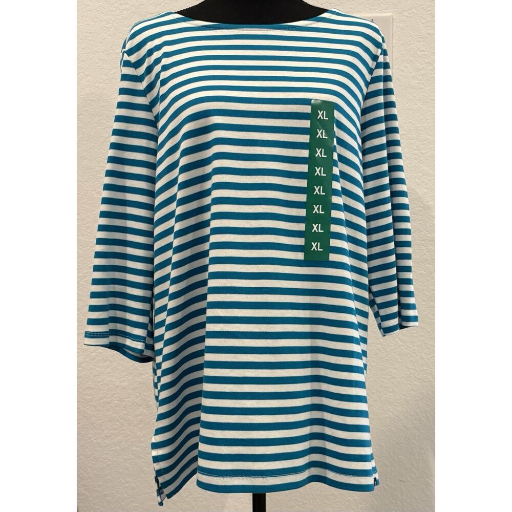Lands’ End Boat Neck Pima Teal and White Striped Cotton Tee Size XL NWT